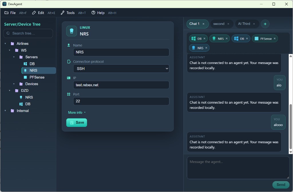 DevAgent desktop — server tree, SSH profiles, and group-aware chat